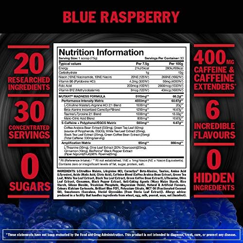 MUTANT Madness | Original Mutant Pre-Workout Powder| High-Intensity Workouts}| 30 Serving | 225 g (.83 lb) | Blue Raspberry