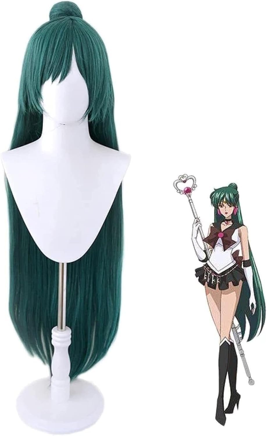KAPVXRKI Sailor Moon Sailor Pluto Meiou Setsuna Dark Green Cosplay Wig Heat Resistant Synthetic Wigs for Halloween Costume Party Role Play+Wig Cap