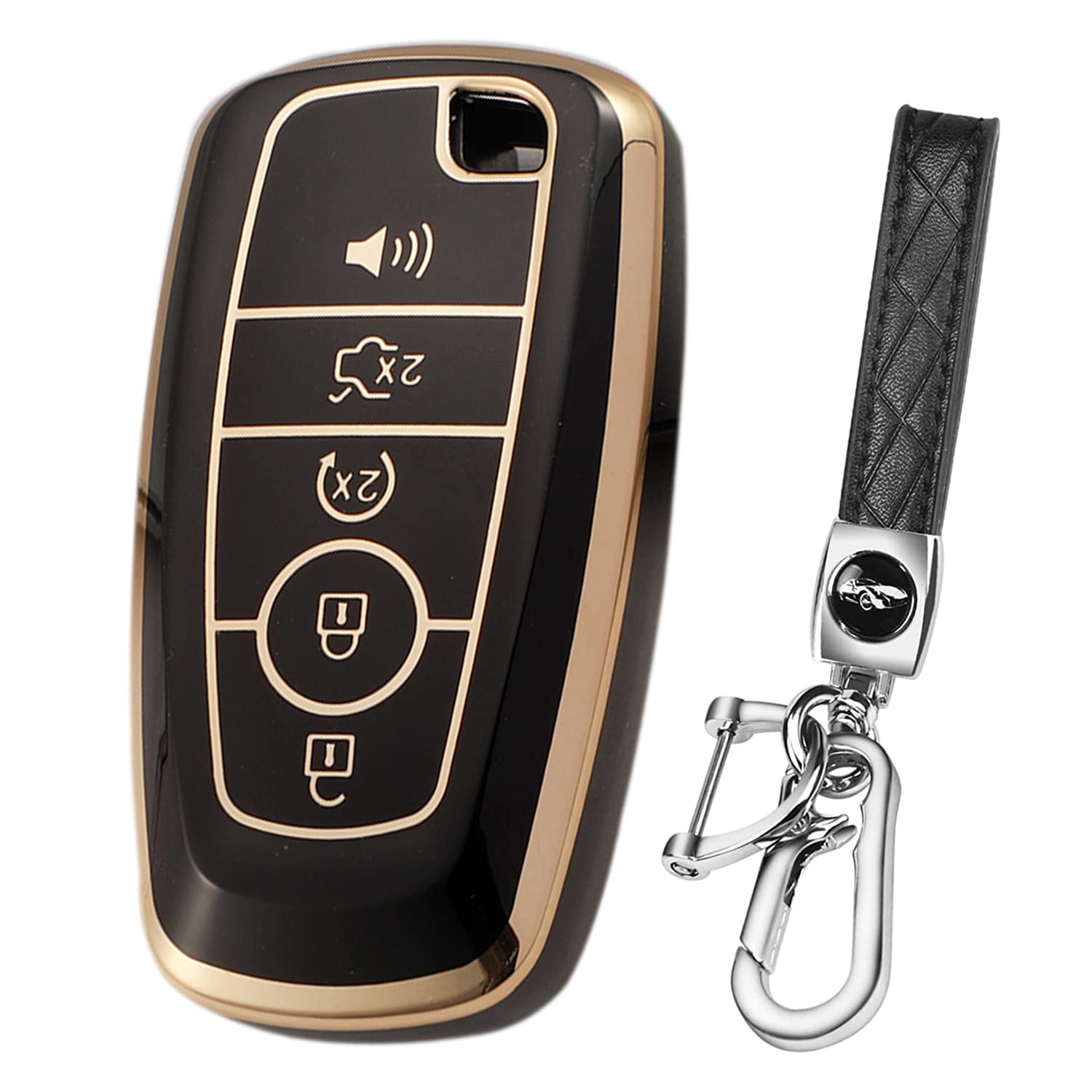 for Ford Key Fob Cover,Key Case Shell with Leather Keychain Compatible with Ford Explorer Expedition Fusion Ranger Lincoln Mustang F150 TPU Protection Remote Keyless Keyshell (Black)