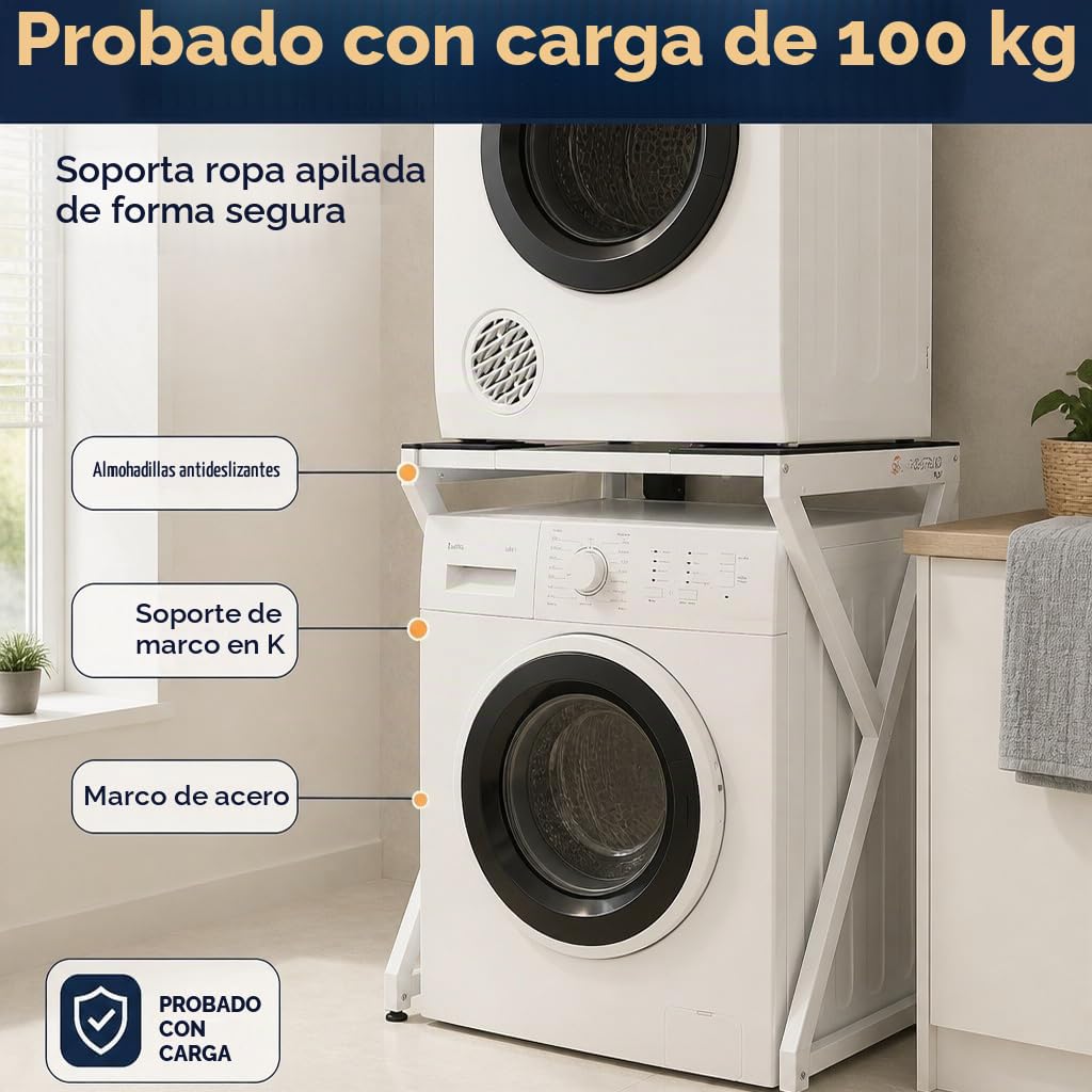 Maxi – Kit apilable universal para lavadora y secadora | Estructura ajustable (72–82 cm), Capacidad 100 kg | Sin taladros, Antivibración, Ahorro de espacio