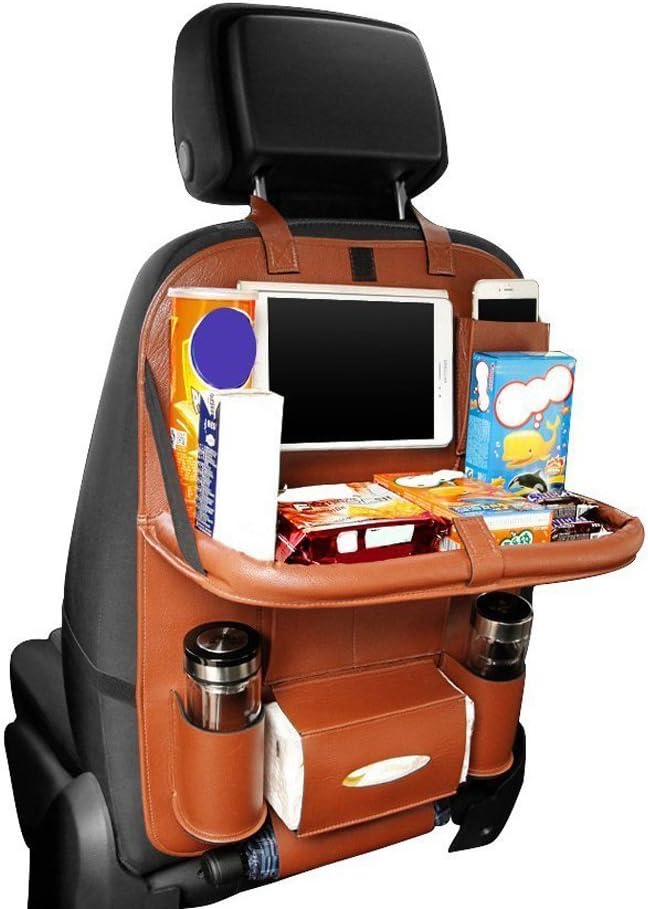 Requlu 2 Packs PU Leather Car Backseat Organizer Storage Bag Pocket Protector for Bottle Phone Tissue Box (Brown)