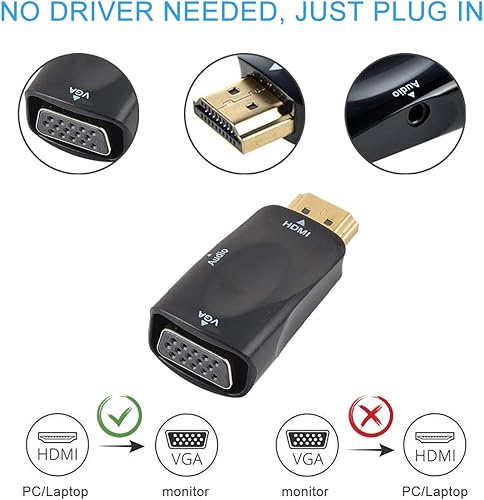 Miniatura 2 de Guamar Convertidor de adaptador HDMI a VGA con cable de audio de 0.138 in, convertidor HDMI a VGA 4K macho a hembra, conector chapado en oro para