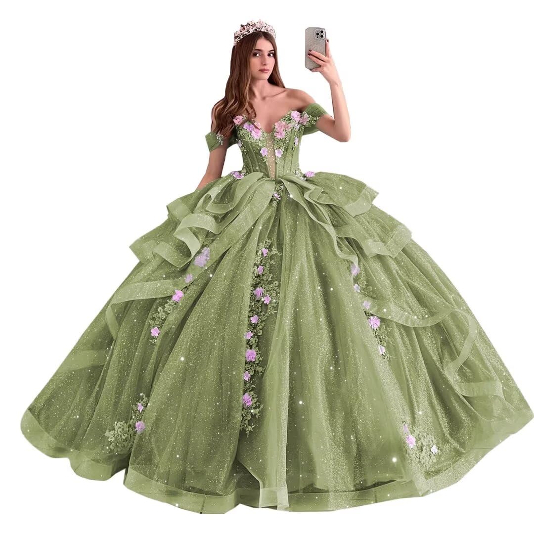 Mouccy Off Shoulder Quinceanera Dresses Ball Gown Pink 3D Flowers XV Dresses for Quince Beaded Lace Tulle Sweet 16 Dresses