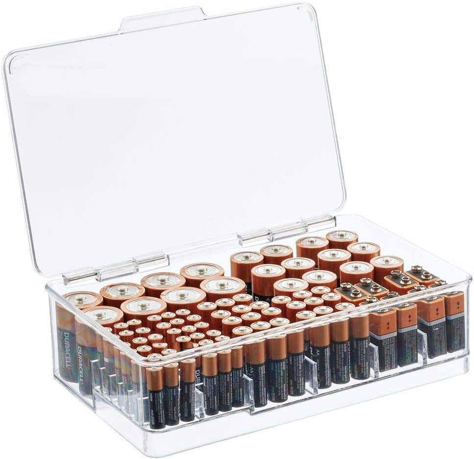 mDesign Stackable Divided Battery Storage Organizer Box Bin with Hinged Lid for AA, AAA, C, D, 9 Volt Sizes - Great Storage for Kitchens, Home Offices, and Utility Rooms - Clear: Office Products