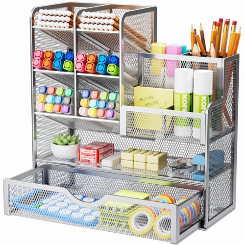 Marbrasse Mesh Pen Holder for Desk, Pen Organizer with Drawer,