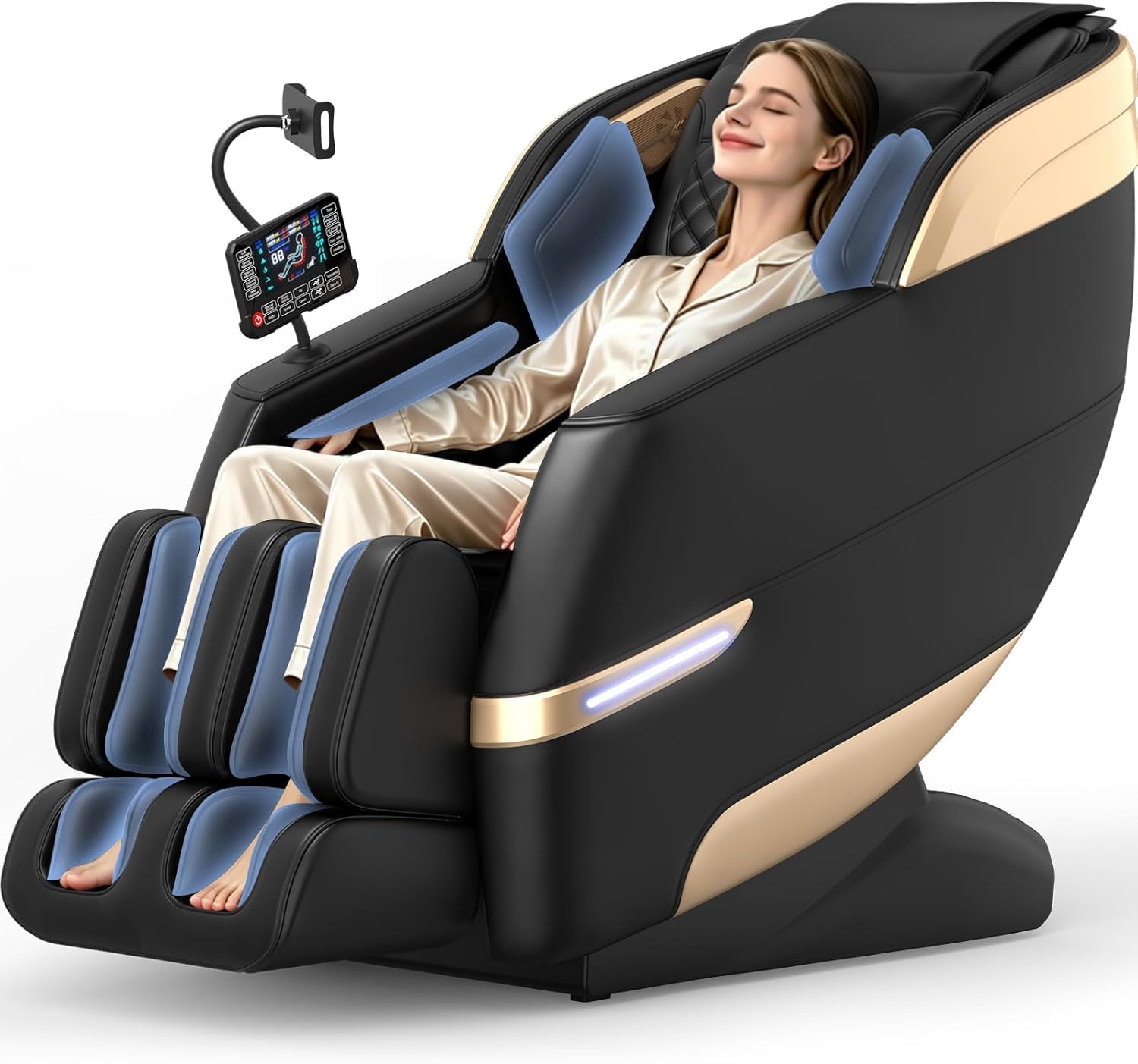 YONISEE 4D SL-Track Massagesessel Ganzkörpermassage mit Bein- und Taillenheizung, 8 Airbags, Fußrollenmassage, KI-Sprachsteuerung, Bluetooth-Lautsprecher, Zero Gravity