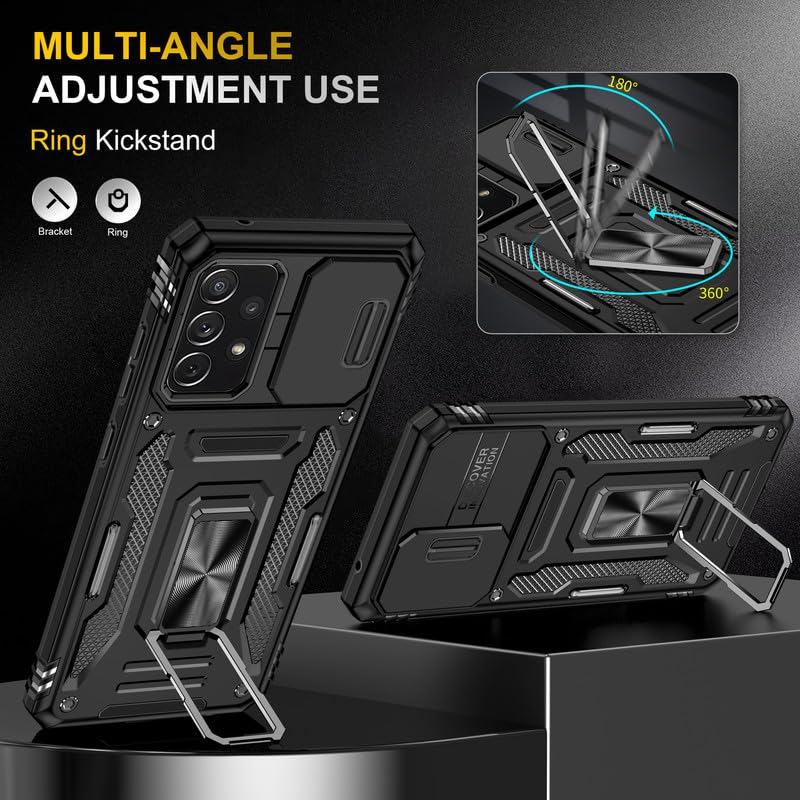 Image of Heavy Duty Armor Case for Samsung Galaxy A52 / A52s Ring Holder Camera Slider Heavy Protection Shockproof Back Case Cover for Samsung Galaxy A52 / A52s - Black