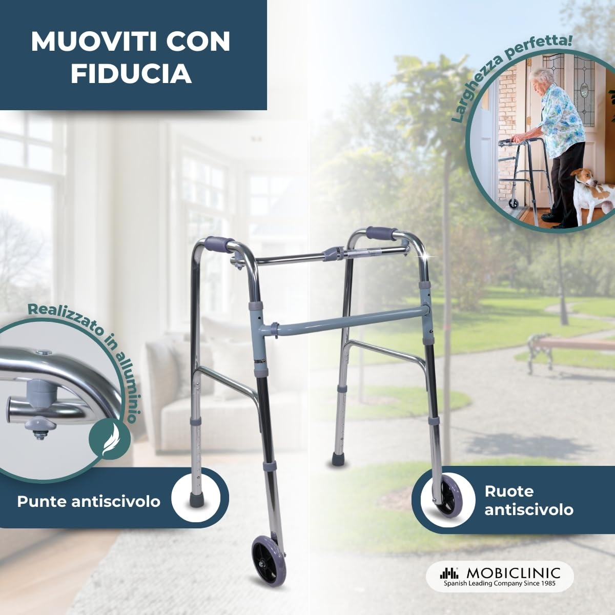 Mobiclinic®, Telaio per anziani, Modello capitel, Marchio europeo, Pieghevole, Regolabile in altezza, Antiscivolo, Adulti o disabili, Leggero e robusto, 2 ruote, Alluminio, Colore grigio
