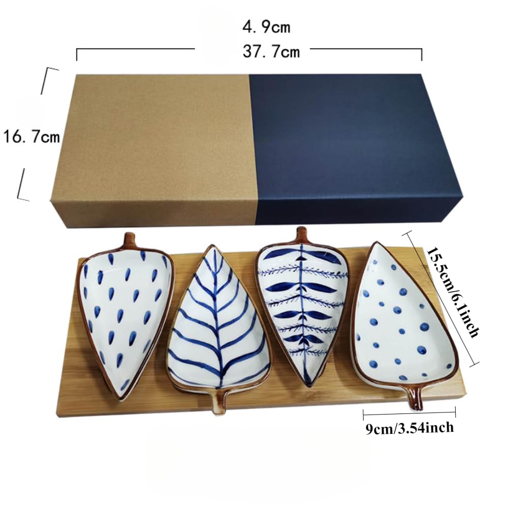 (4 Pieces) Hand-painted Underglaze Snack Plate Combination Leaf Sauce Cold Dish Restaurant Home Ceramic (Spindle leaves)