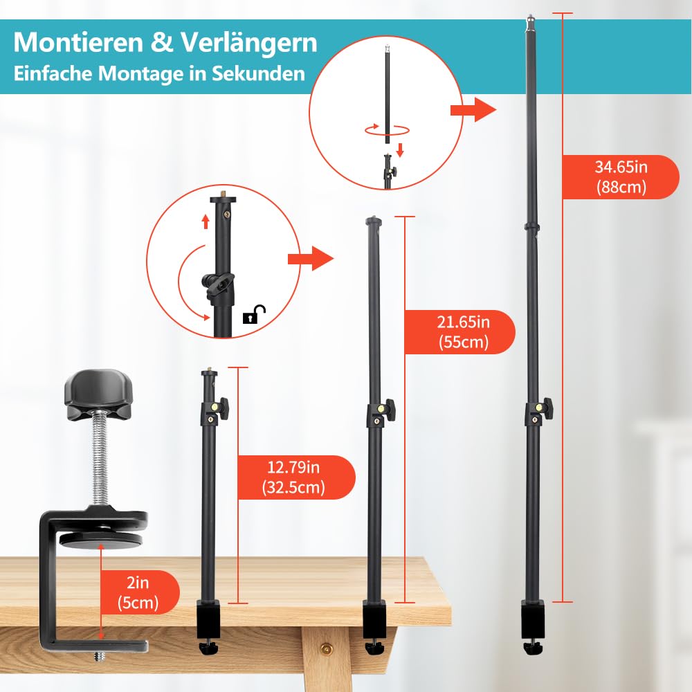 OS01 Tischstativ Overhead Stativ Handy, 32.5-55cm Einstellbar Kamera Halterung für Klein Kamera, klemmstativ mit Flexible Arm & 1/4" Kugelkopf für Webcam, Ringlicht, Live Streaming