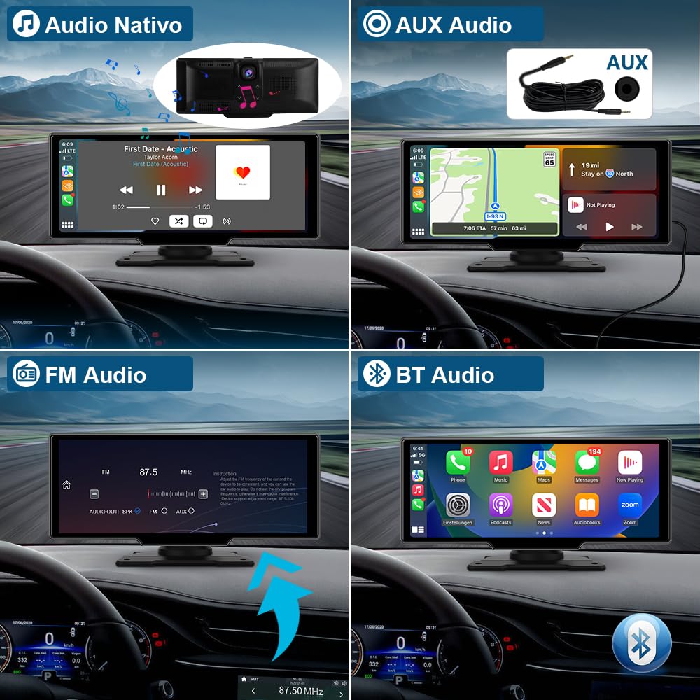 AWESAFE 10.26 Pulgadas Pantalla Coche con Carplay Android Auto, Pantalla Táctil con 4K Dashcam, 1080P Cámara Trasera Incluida, Comandos de Voz, Bluetooth/GPS/FM/AUX/MirrorLink