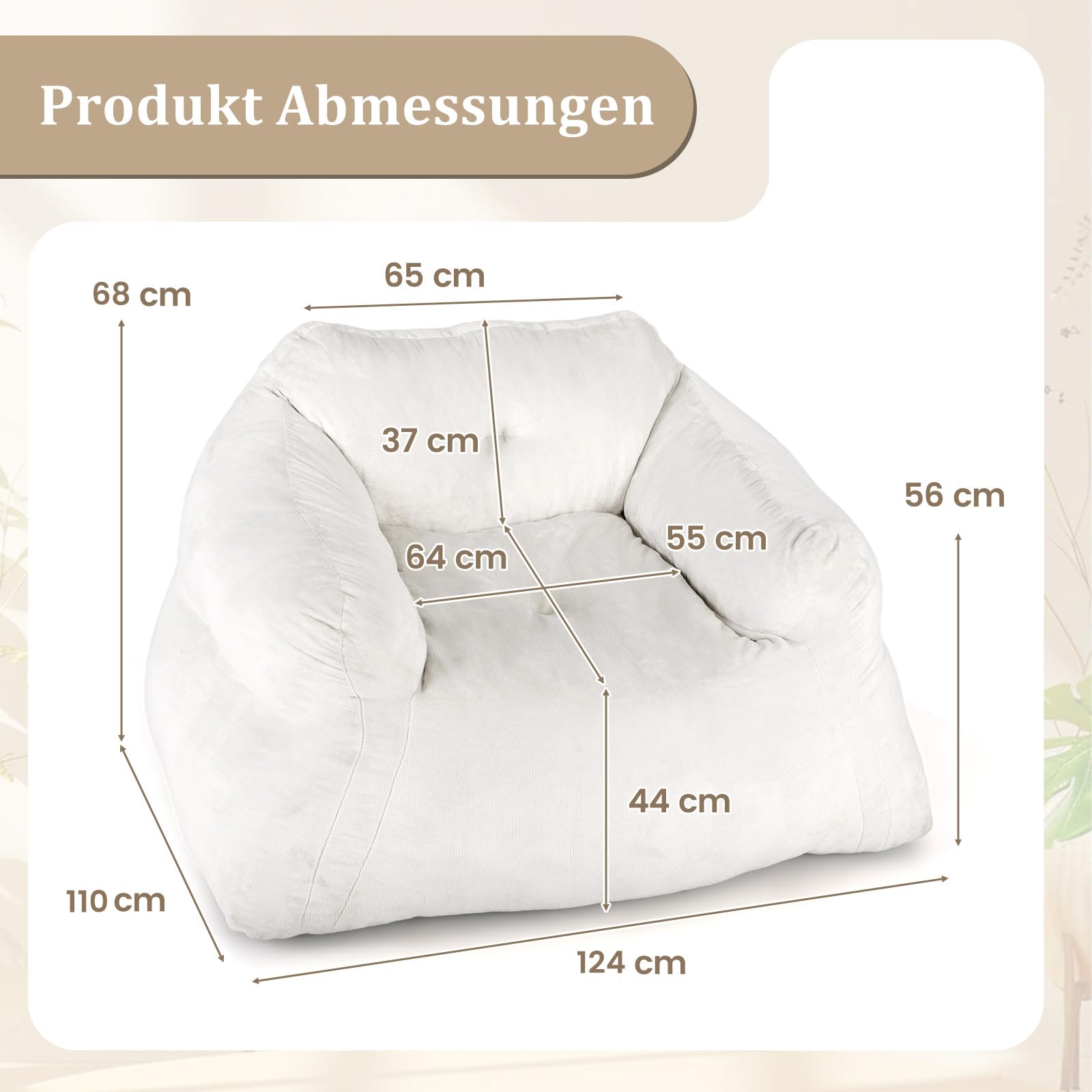 COSTWAY Sitzsack Sessel, Bodensessel mit Samtbezug & rutschfestem Boden, gepolstertes Bodensofa für Wohnzimmer, Schlafzimmer, Lesezimmer, 129 x 111 x 69 cm, Beige