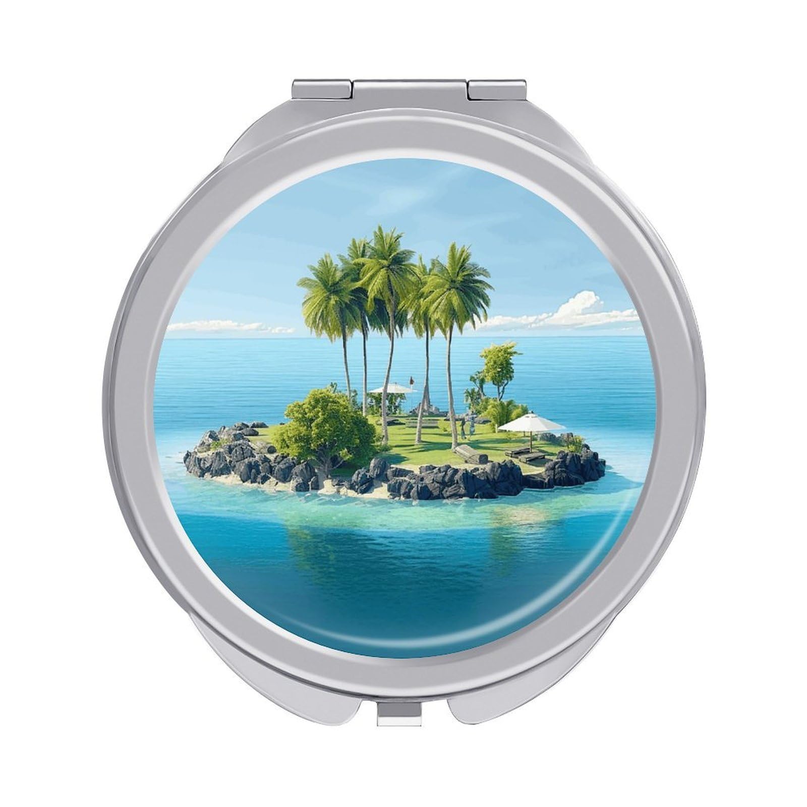 JTREHY Ocean Island Makeup Mirror Portable Folding Mirror Compact Travel Mirrors 2-Sided Round Pocket Mirrors Cute Handheld Beauty Mirror for Handbag Purse for Women Gift