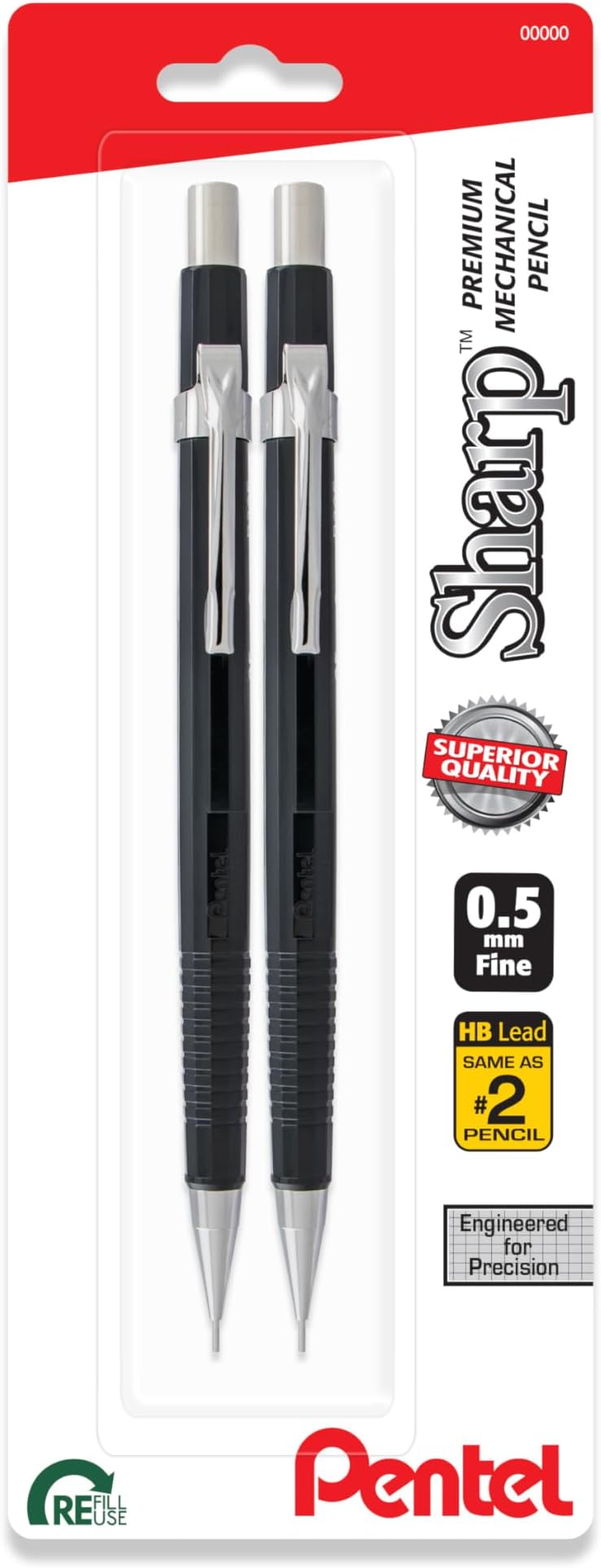 Sharp Mechanical Pencil (0.5mm), Fine Line, Black Barrel, Pack of 2 (P205BP2)