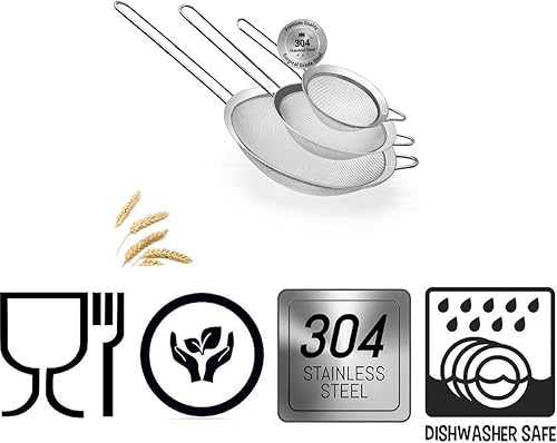 Miniatura 2 de Juego de 3 coladores de malla fina con mango para cocina, tamaños de 7 pulgadas, 4.7 pulgadas, 3.3 pulgadas, acero inoxidable 304 fácil de limpiar,