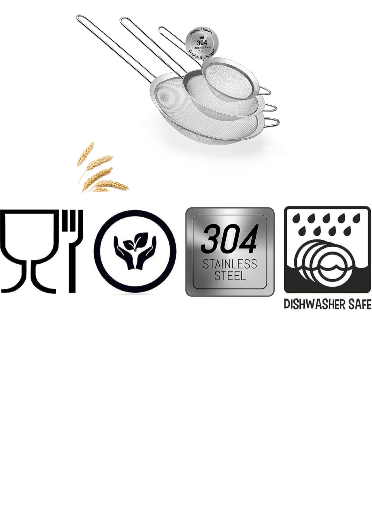 3 Fine Mesh Strainers Set with Handle for Kitchen - Sizes 7