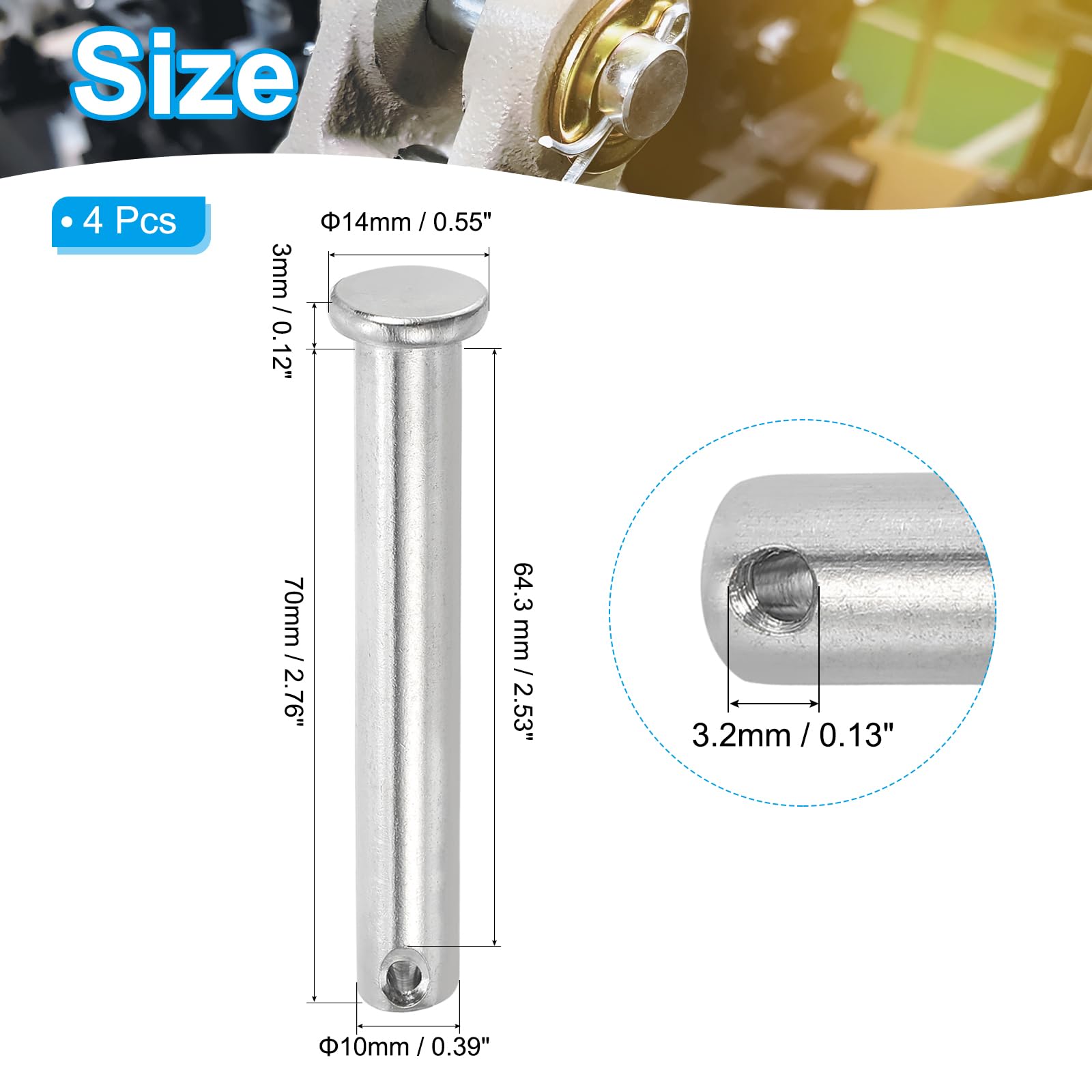 PATIKIL 10 x 70 Mm Single Hole Clevis Pins, 4 Pcs 304 Stainless Steel Flat Head Pin for Hitch Pin Lock Link Hinge Systems Silver - Image 2