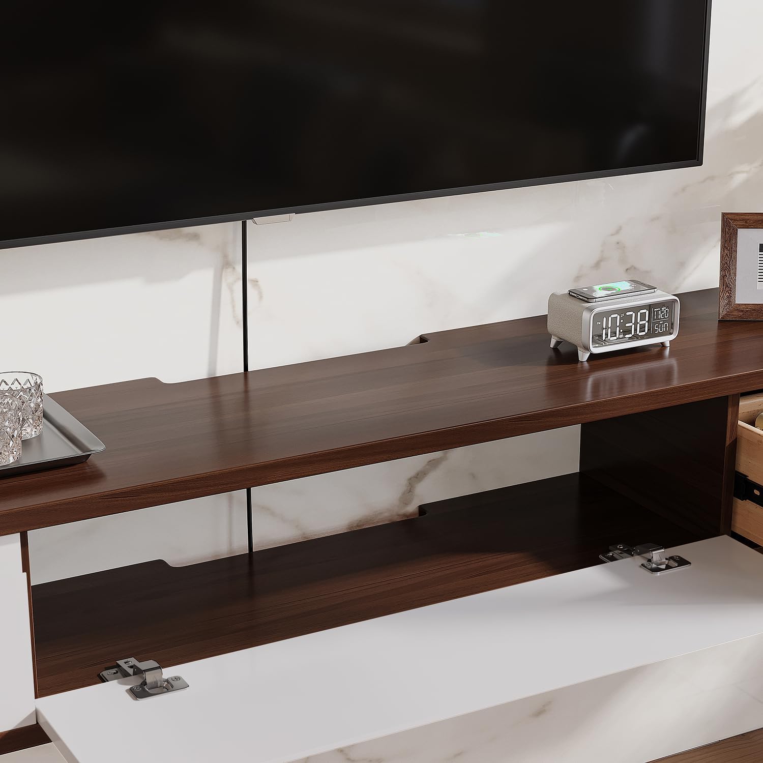 FurniNova Fully Assembled Floating TV Stand, Modern Plywood Media Console with 2 Drawers & 1 Flip Door, Wall Mounted Entertainment Center with High Gloss Finish & Round Edges, 47 inch, Walnut & White