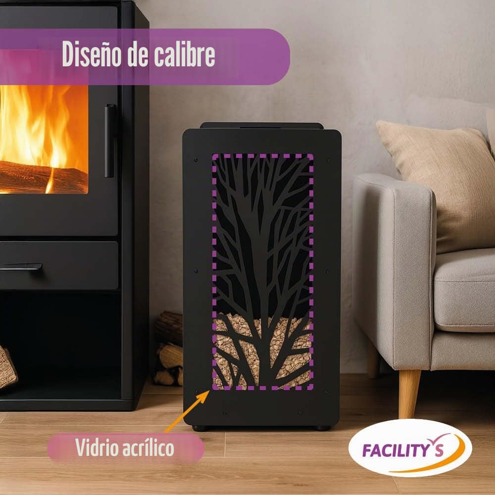 FACILITYS Depósito de Pellets para Estufa de Pellets, Capacidad 55 kg, Cofre para Pellets 37 x 37 x 69 cm - Cristal Acrílico Árbol, Tamiz Integrado