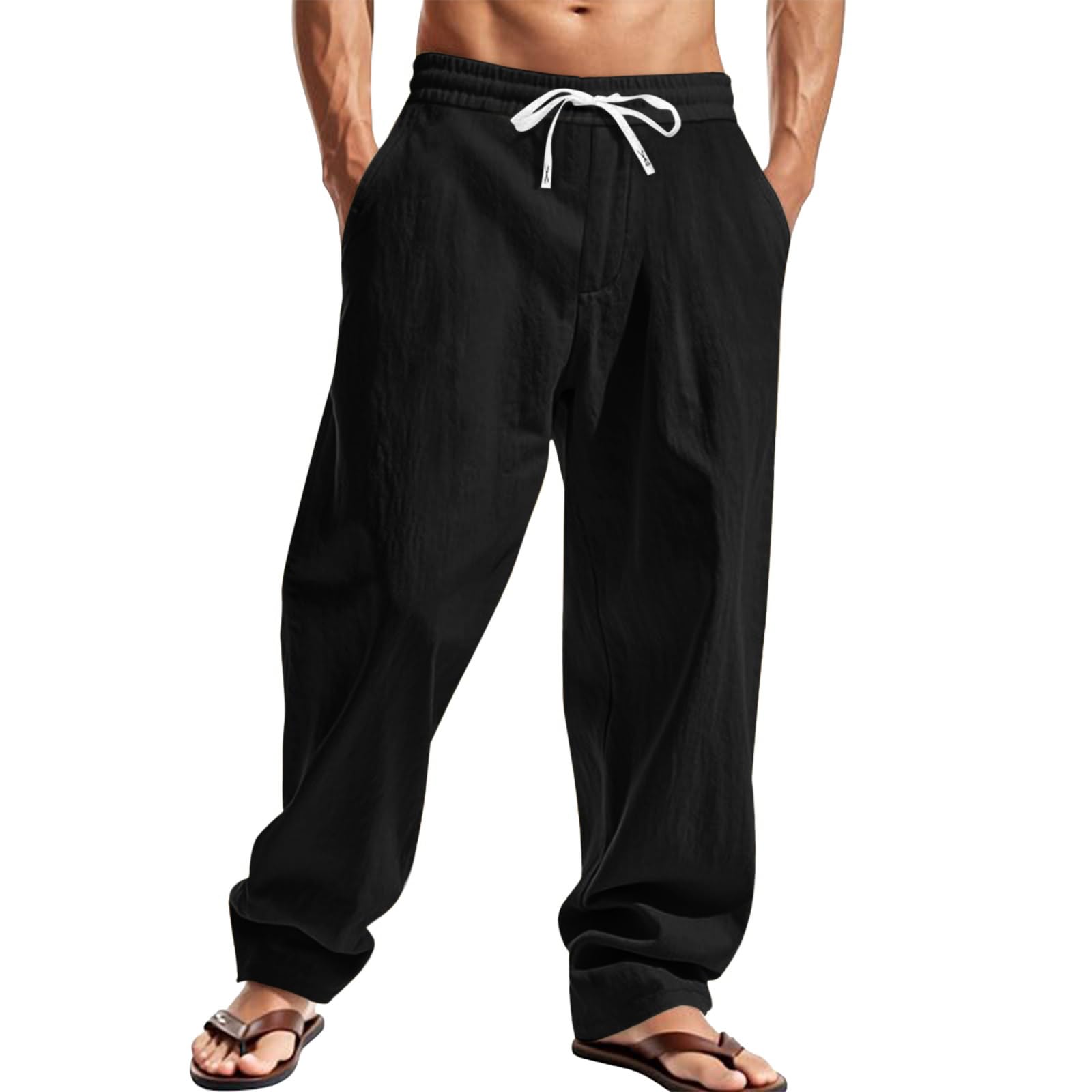 ZARLAN Mens Cotton Linen Pants Breathable Casual Summer Beach Elastic Drawstring Lightweight Sweatpants