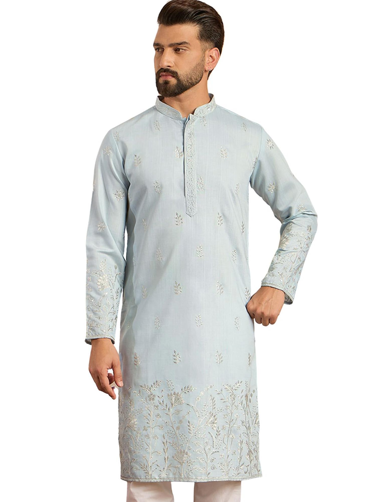 Mens Blue Silk Blend Embroidered Solid Calf Length Kurta | Men's | Kurta for Men | Straight Fit Kurta's for Men's-image-14