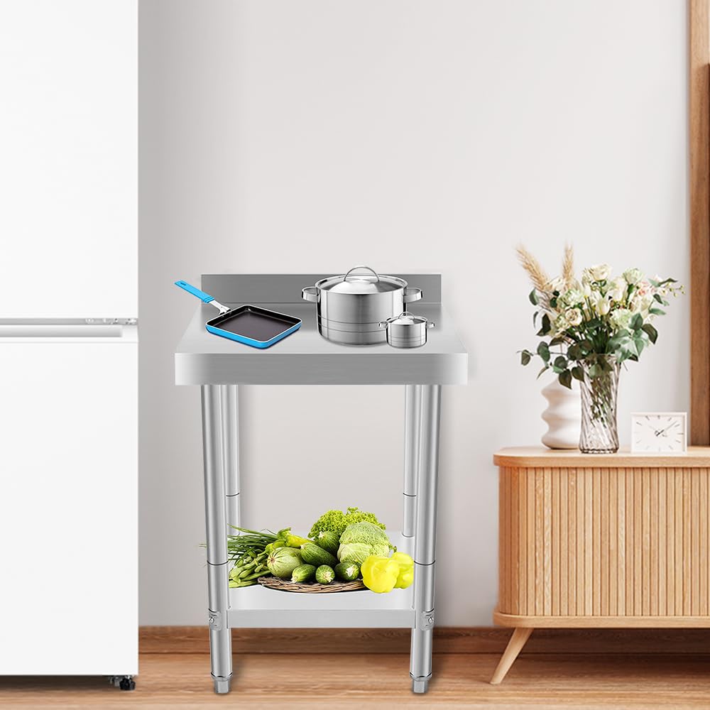 LANTUS Mesa de Trabajo Cocina Inox con Bandeja Carga 750kg con Accesorios de Montaje para Preparación Cocina Alimento Comida Hoteles Oficinas Hospitales-61 x 61 x 90 cm-Plata