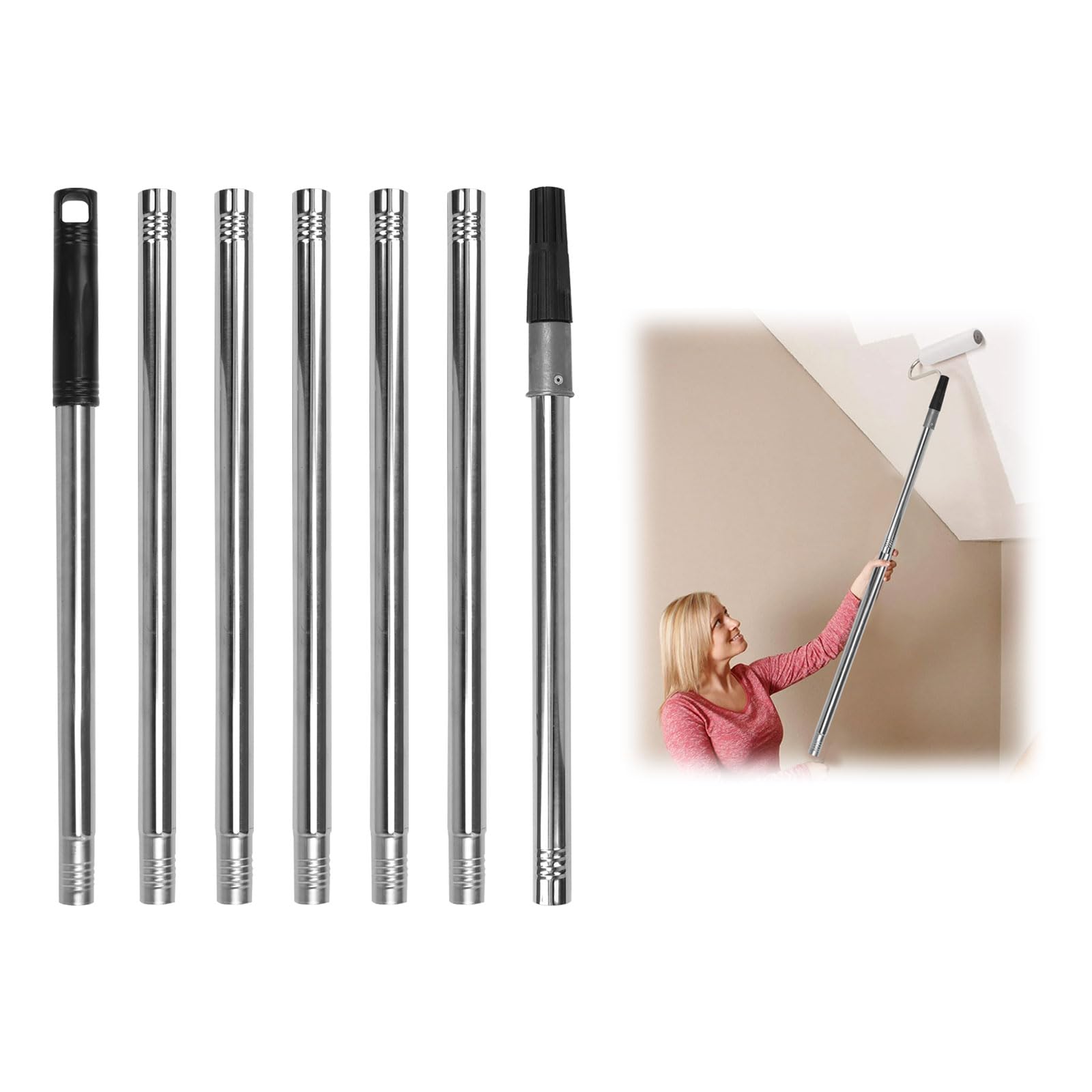 Paint Roller Extension Rod, Paint Roller Extension Wand, 7 Pieces 2.8 m, Telescopic Roller Rod, Telescopic Handle (Silver 2.8m)
