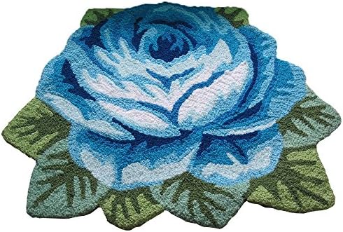 YOUSA Blue Rose Shaped Area Rug 1 Rose Doormats Rustic Room Floor Mat 31.5''23.6''