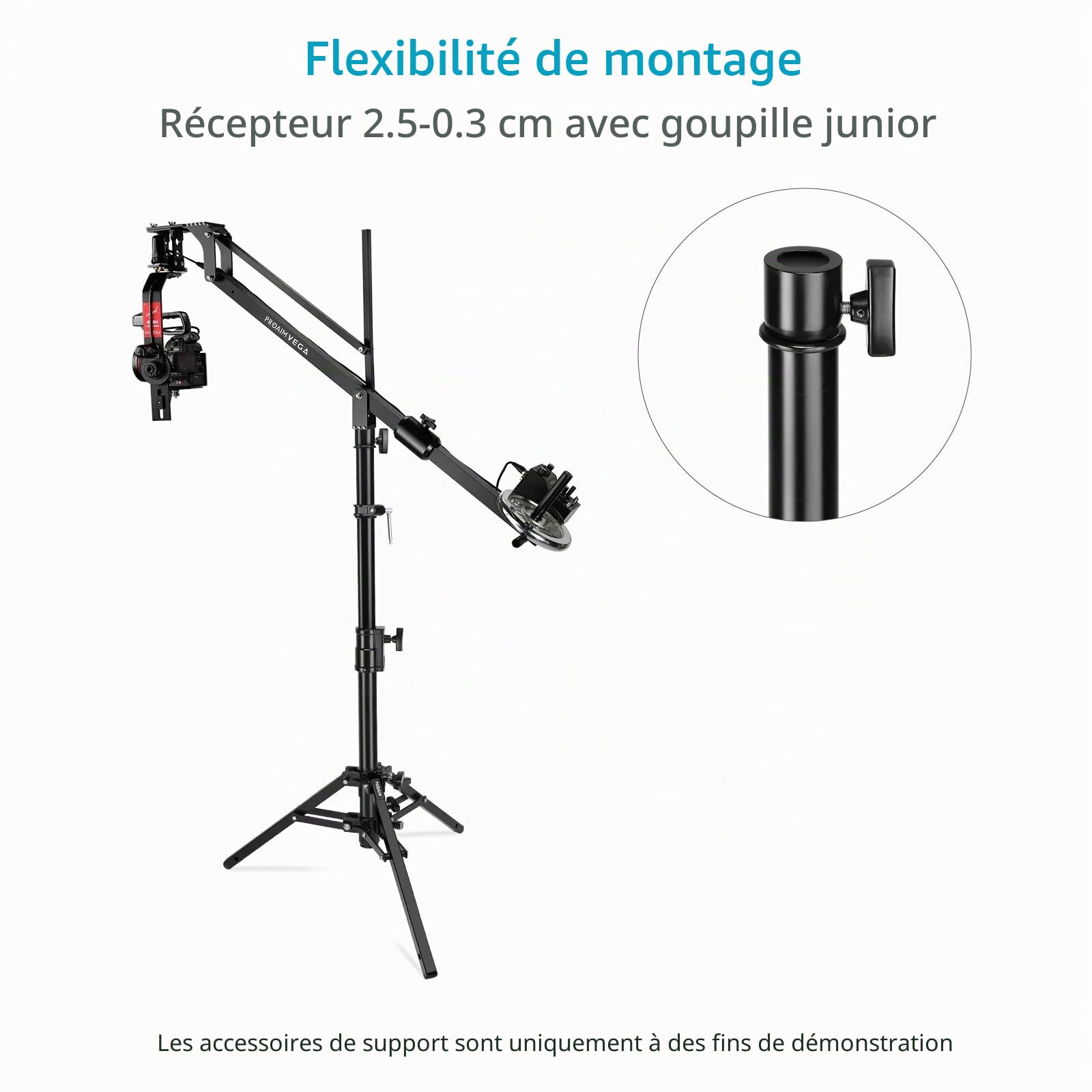 PROAIM Support Slider caméra 44", récepteur pin Junior, Charge 36 kg. | Hauteur réglable de 24,8 à 44 pouces ; structure acier et aluminium 2 sections ; base 31 pouces avec 2 pieds de nivellement.