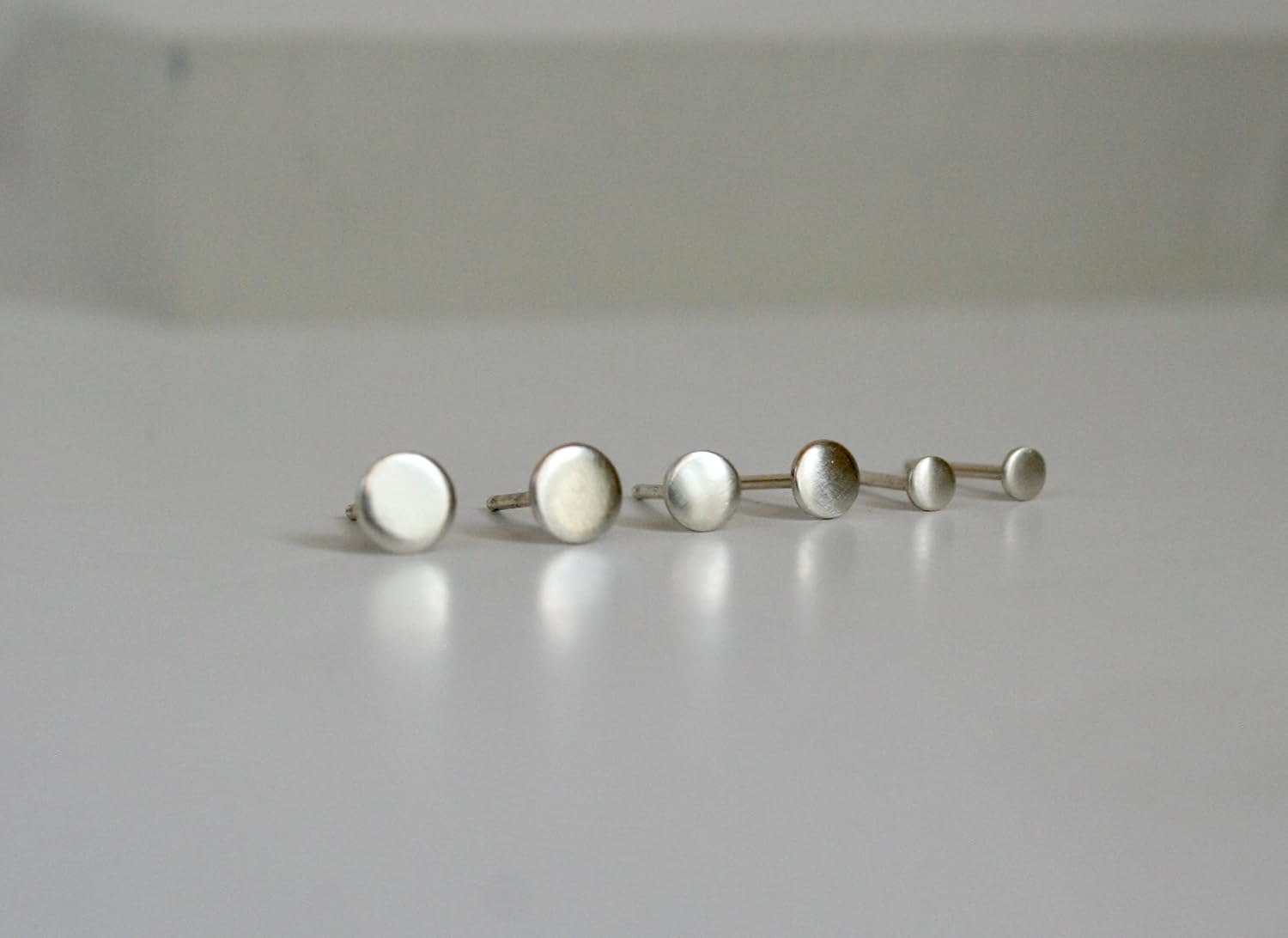 Set of Three Pairs of Minimal Sterling Silver Round Stud Earrings with Brushed Finish and Sterling Silver Posts, 5mm, 4mm, 3mm