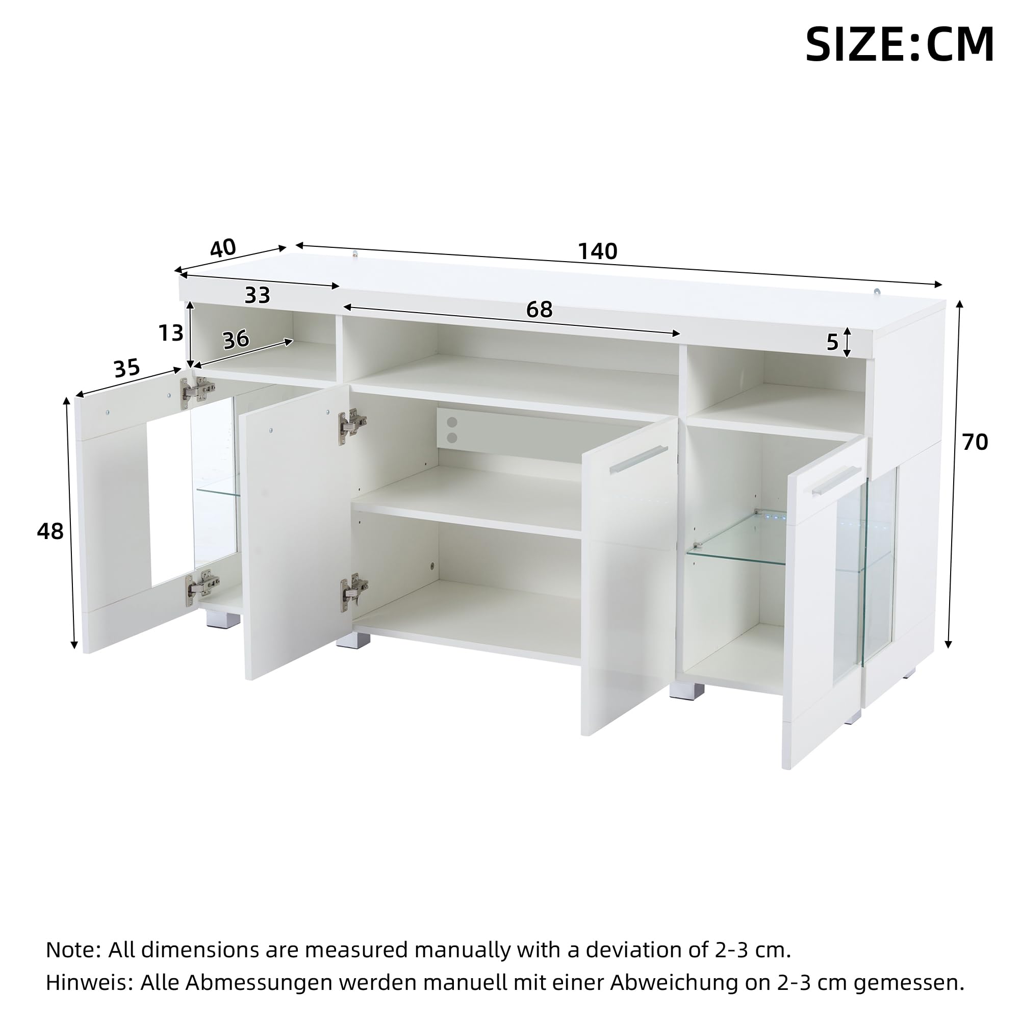 Hochglanz Sideboard Wohnzimmer Beistellschrank mit LED Licht und Offener Fach, Wohnzimmerschrank Buffetschrank mit Glastür, Highboard Vitrine mit Silberner Griff, Schrank Weiß, 140x40x70 cm