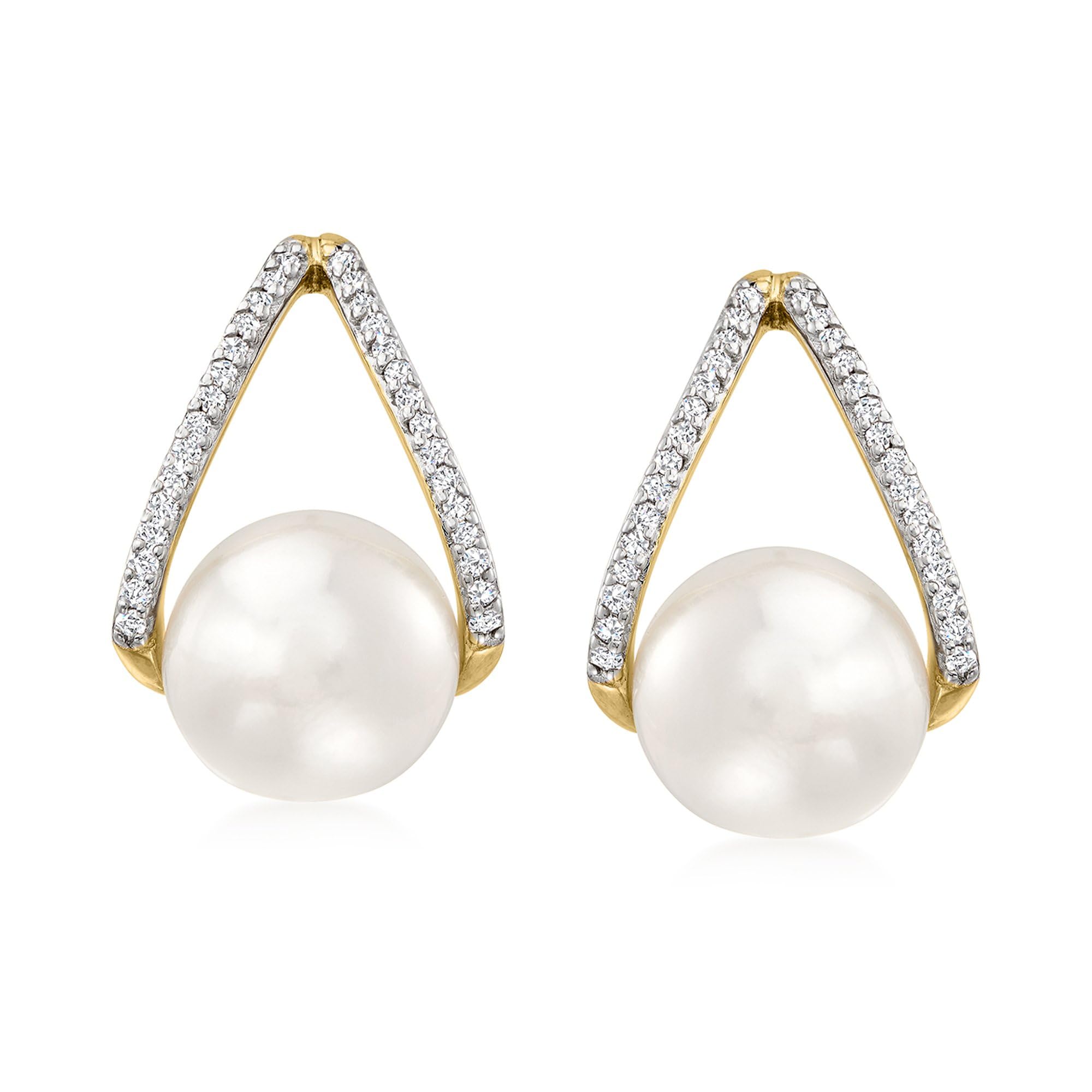 Ross-Simons 8-8 5mm Cultured Pearl and 12 ct t w Diamond Drop Earrings in 14kt Yellow Gold