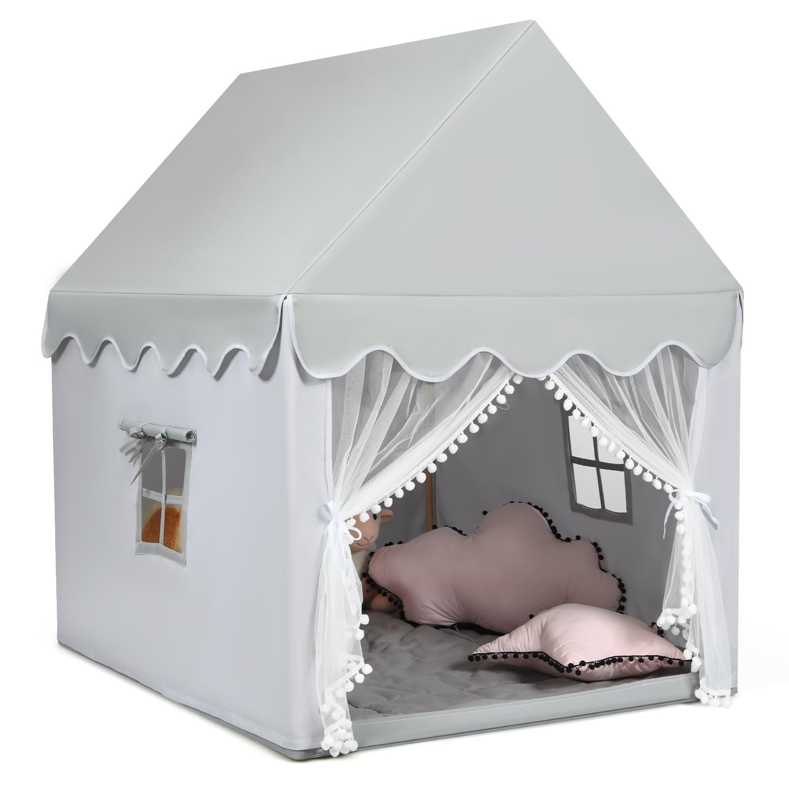 GYMAX Kids Tent, Castle Play House with Washable Cotton Mattress, Play Gaming Tent for Indoor Outdoor (Grey)