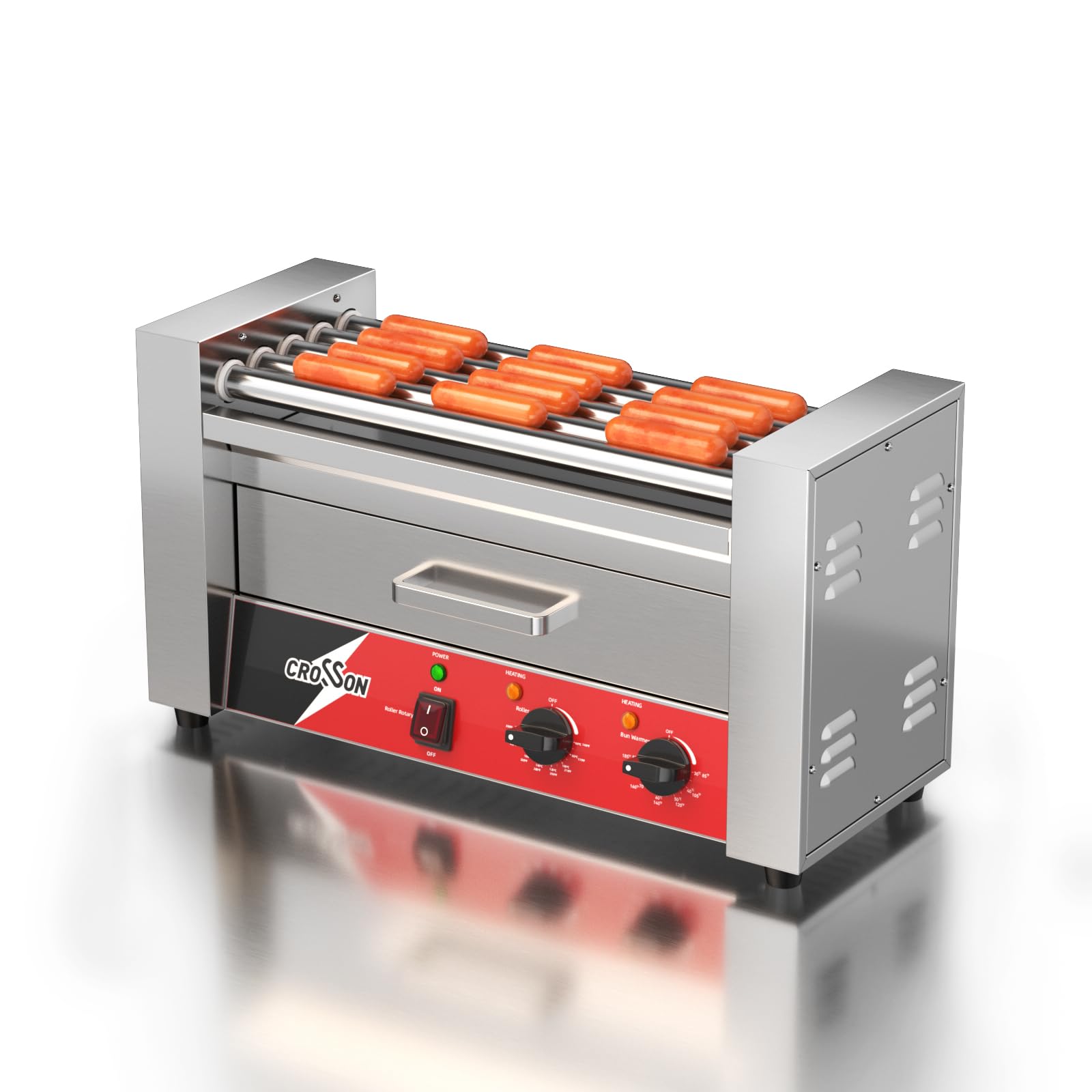 CROSSON Macchina Hot Dog Professionale 5 Rouley con Cassetta Riscaldante per Panini,12 Hotdogs Rullo Elettrico per Hot Dog con Controllo della Temperatura,1050W