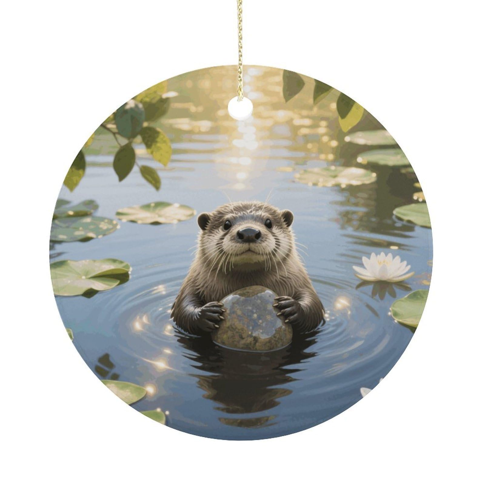 Personalized Christmas Ornaments 2025 Ceramic Hanging Otter Ornaments with Gold String Double-Sided Vintage Holiday Decorations for Tree Mantel Tabletop Xmas Party Favors