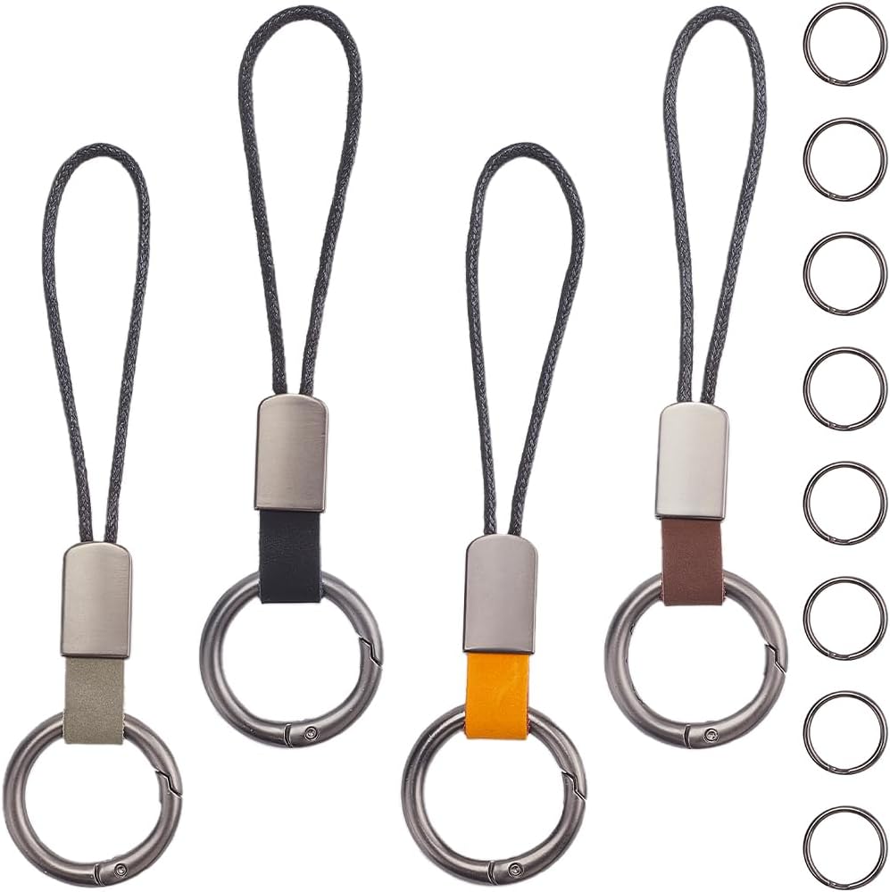 GORGECRAFT 4Pcs Genuine Leather Keyring with Strap Short Lanyard Car Keychain Finger Ring Clips Connectors Adapter Connection Rope Strap for Small Electronic Devices MP3 Player Keys (Mixed Color)