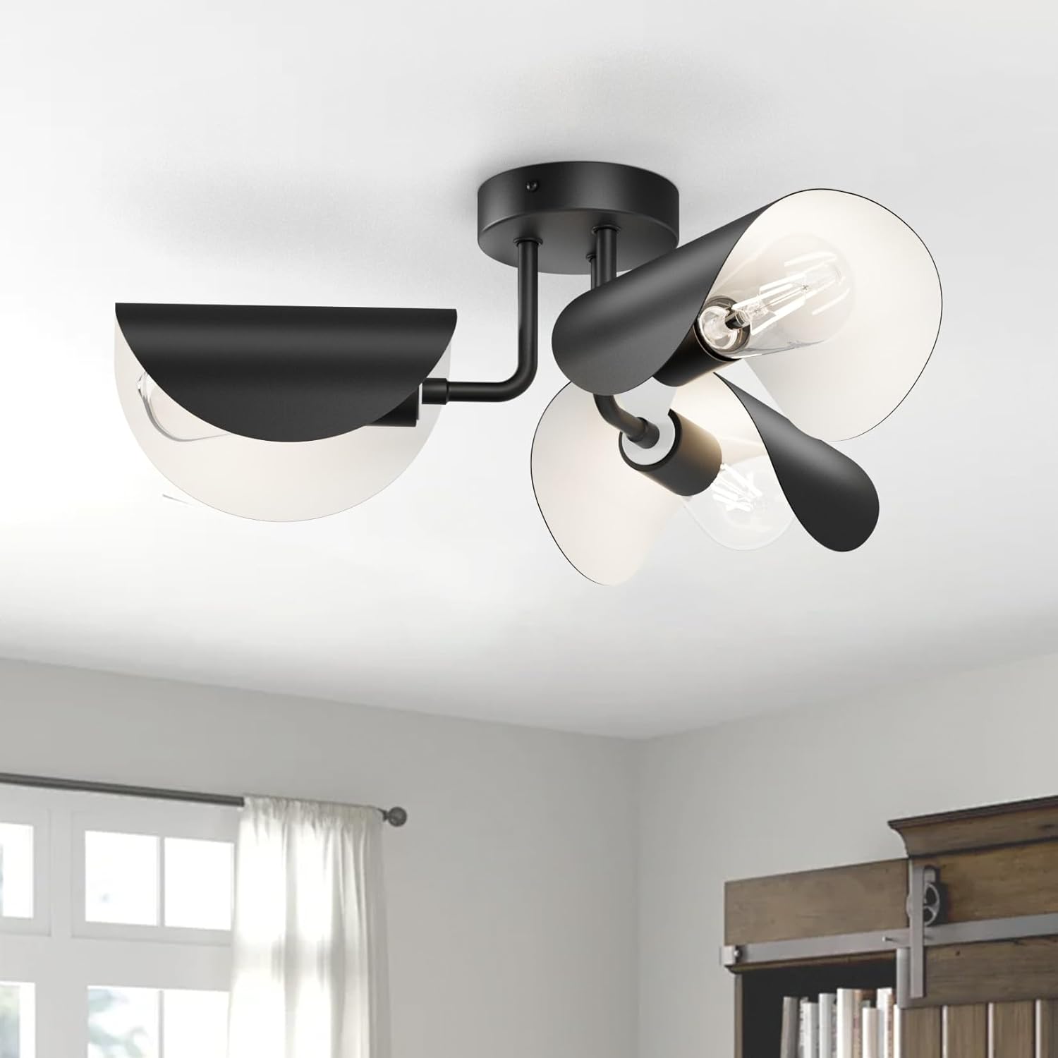 Aipsun Black Semi Flush Mount Ceiling Light, 3 Lights Modern Retro Ceiling Lighting with Black Adjustable Shades for Hallway, Dining Room and Bedroom