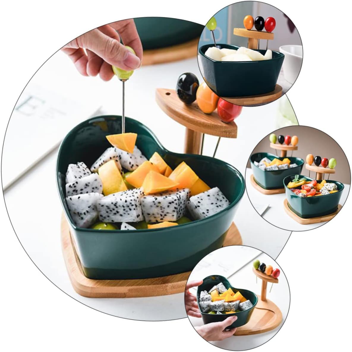 Alipis Heart-Shaped Ceramic Fruit Bowl Set with Forks Stylish Serving Dish for Fruits Salad and Snacks for Kitchen and Living Room Decor