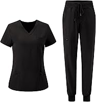 FloralHue Women's V-Neck Scrubs Set: Top & Cargo Pants with 10 Pockets, Water-Repellent 4-Way Stretch Fabric