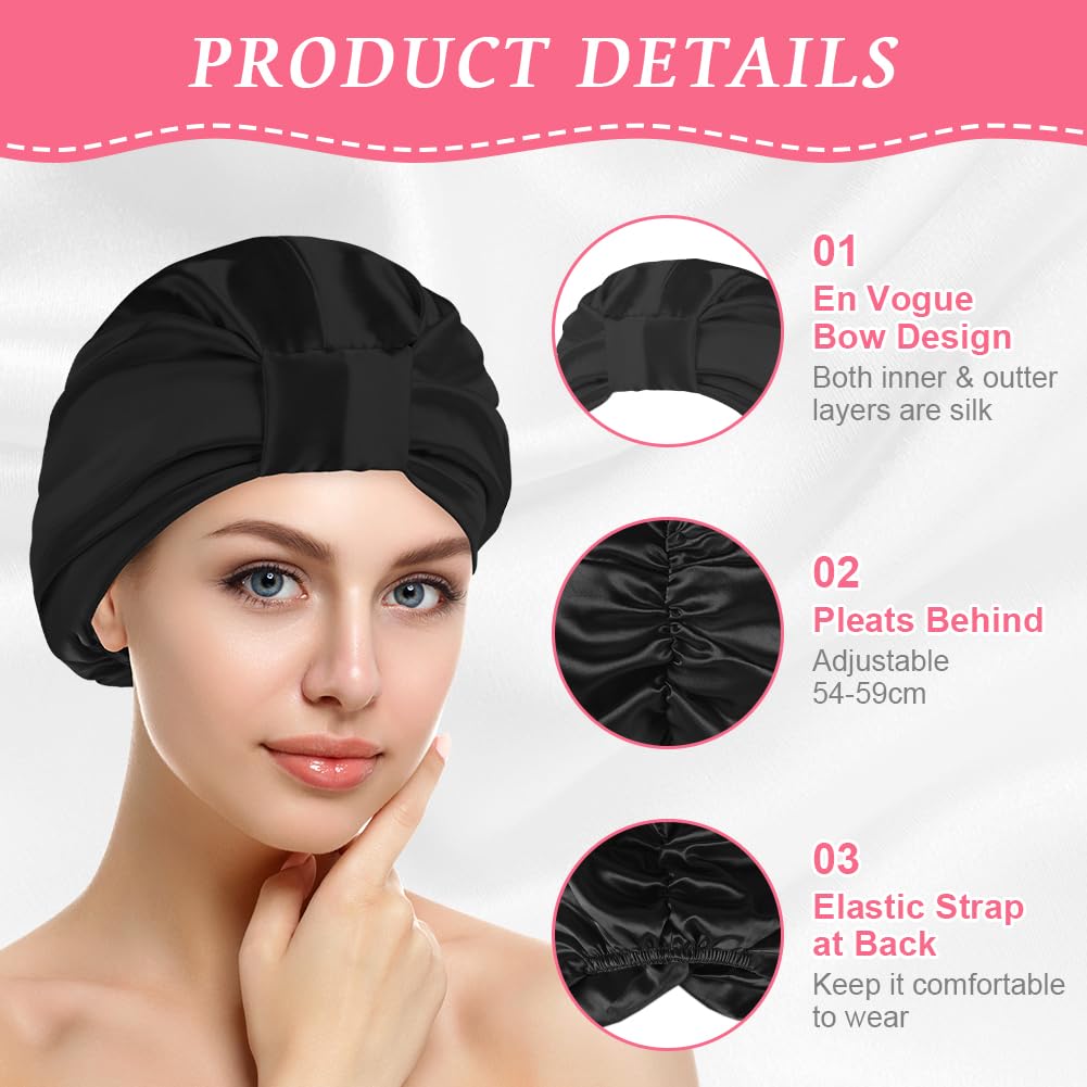 AOGOE Silk Hair Bonnet for Sleeping Double Layer Sleep Cap, Silk Sleep Cap with Elastic Bow, Night Sleep Cap - Image 4
