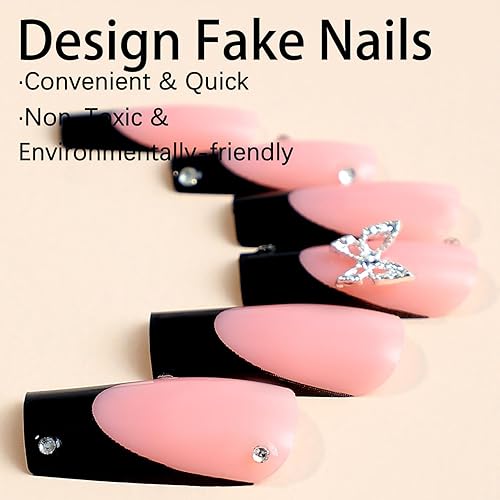 Miniatura 4 de 24 uñas postizas a presión de punta francesa negra, uñas postizas largas cuadradas, color rosa, cobertura completa, con diamantes de imitación,