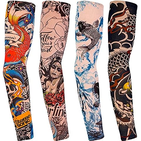 Qpout 6 Pack Arm Fake Tattoos Sleeves Cover For Men Women, Camouflage Tattoo Sleeves, Tattoos Sleeves Slip On for Adults, Outdoor Cycling Summer Sunscreen Nylon Stretch Tattoos Sleeves Cover