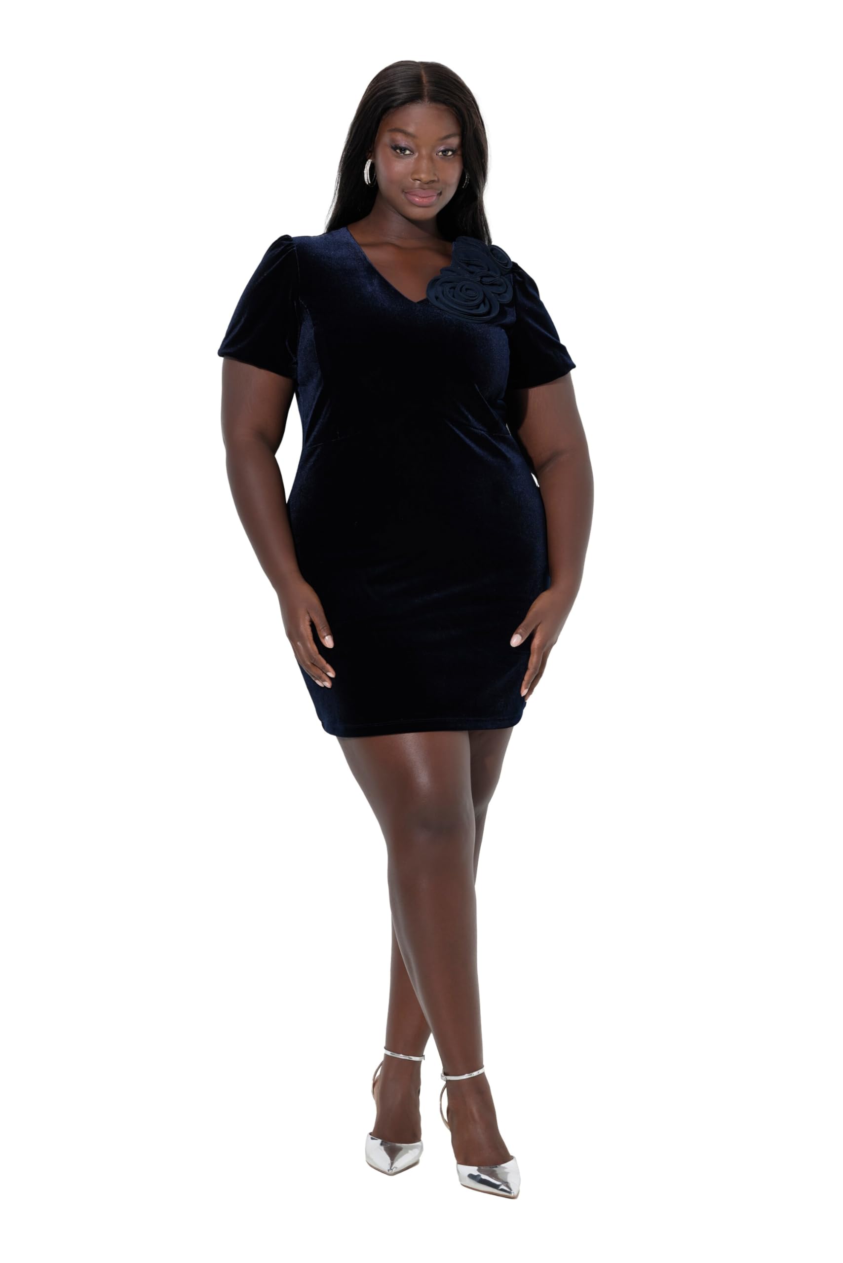 Ulla Popken Damen große Größen Übergrößen Plus Size Samtkleid, körpernah, 3D-Rosen, Puff-Halbarm 846051