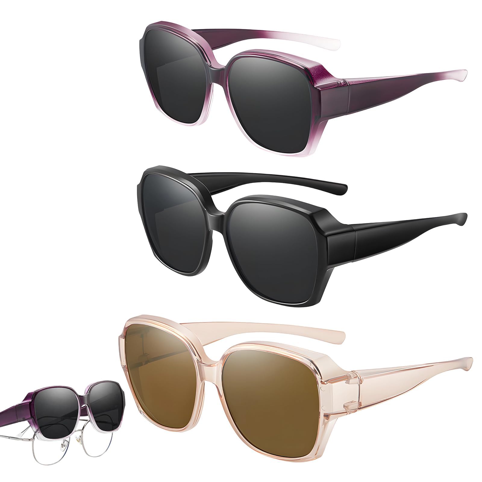 3-Pack Sunglasses Oversized for Women, Fashion Over Glasses Sunglasses Womens for Daily Styling, UV380 Gradient PC Eyewear Set for Beach and Travel-image-3