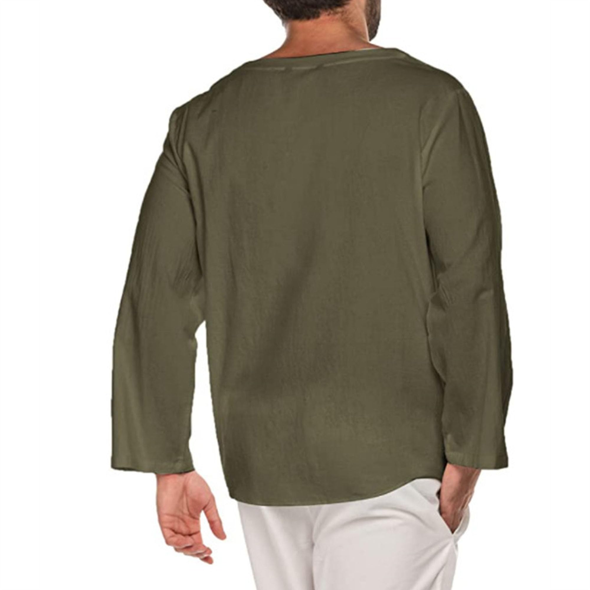 JEKE-DG Men Casual Cotton Linen T Shirt V Neck Lace-up Long Sleeve Tunic Yoga Tee Shirts Beach Lace Up Hippie Shirt (Medium,Pitch Green)