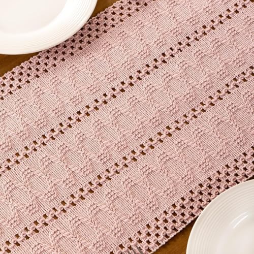 Image of MLMC Pink Boho Table Runner Farmhouse Macrame Woven Table Runner 72 inch Long Rustic Cotton Linen Blend Table Decor for Dinning Kitchen Wedding Bridal Shower Eveyrday Use 12x72 Inch