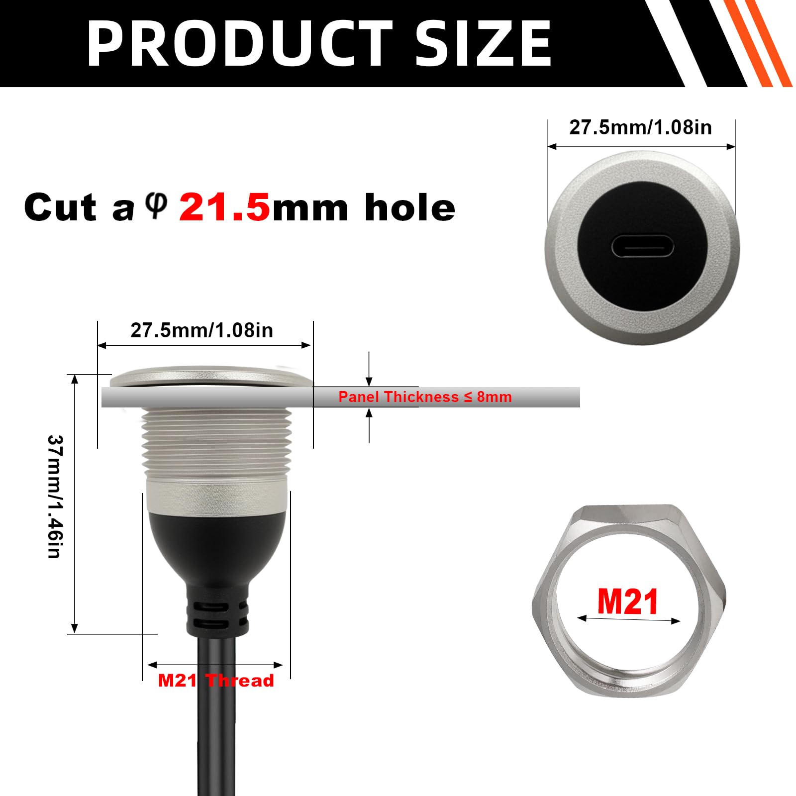 USB C 3.0 Verlängerungskabel für Schalttafelmontage, Al Shell, USB 3.0 Typ-C Stecker auf Buchse, feste Montage, Kabel, eingebettet, wasserdicht, runder Konverter, 5 V/2 A, 5 Gbit/s, 30 cm