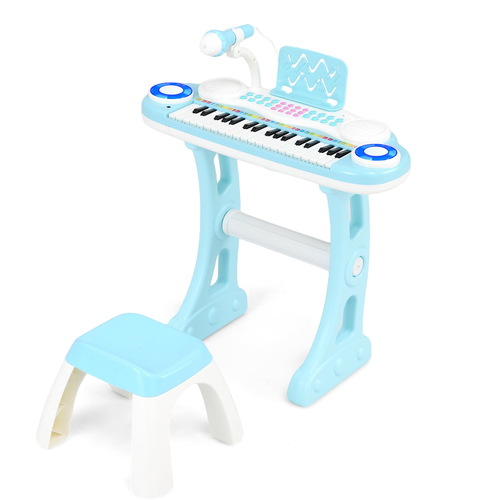 KOMFOTTEU Piano Infantil con 37 Teclas, Teclado de Piano con Efectos de Luz y Micrófono Ajustable, Teclado Electrónico con 8 Ritmos y 8 Sonidos, Taburete, para Niñas 18+ Meses (Azul)