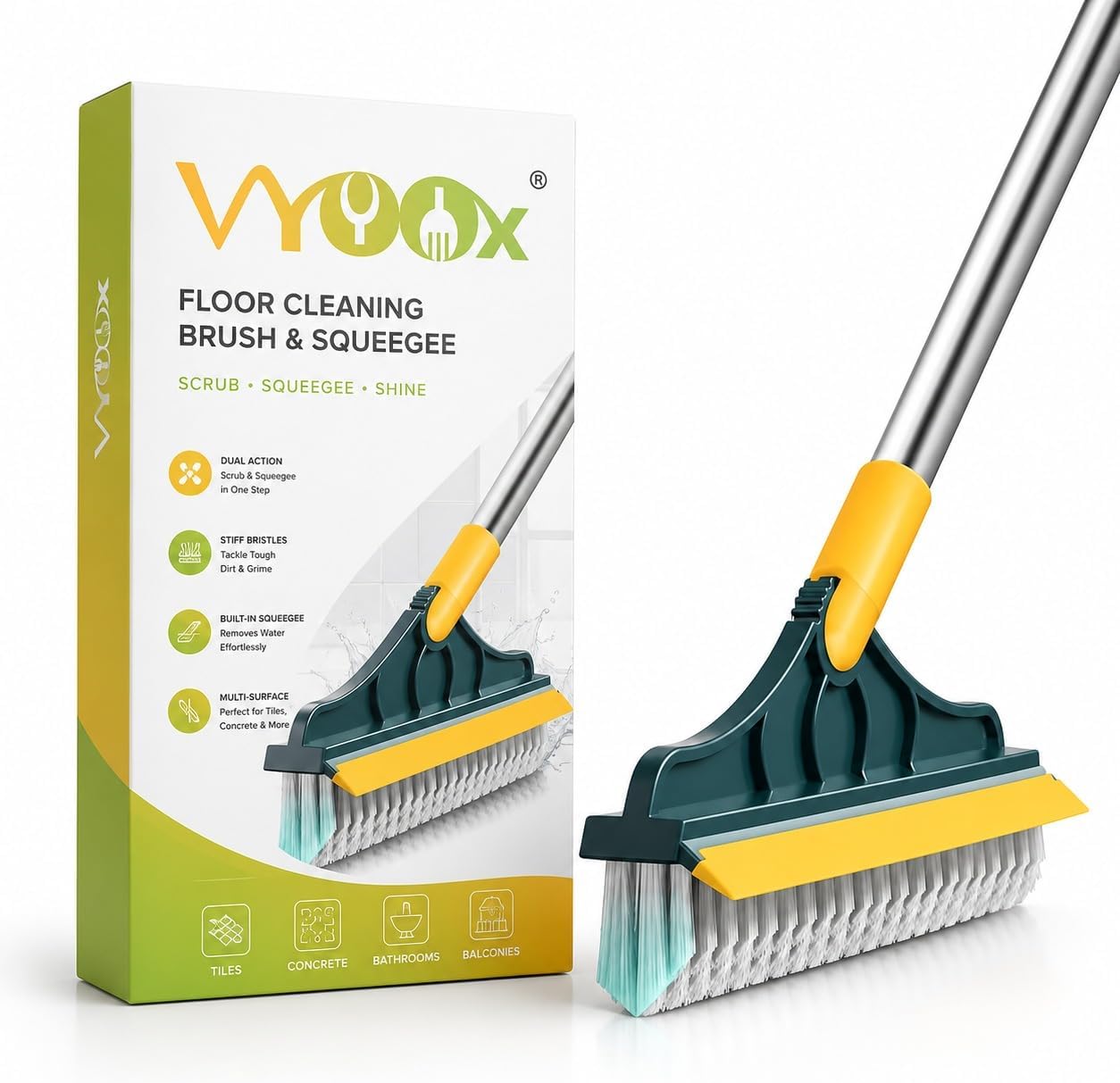 VYOOx Toilet Cleaning Brush with Wiper | 2-in-1 Bathroom Cleaning Brush | Long Handle Floor Scrub Brush for Tiles, Bathroom & Toilet Cleaning | Bathroom Cleaning Accessories