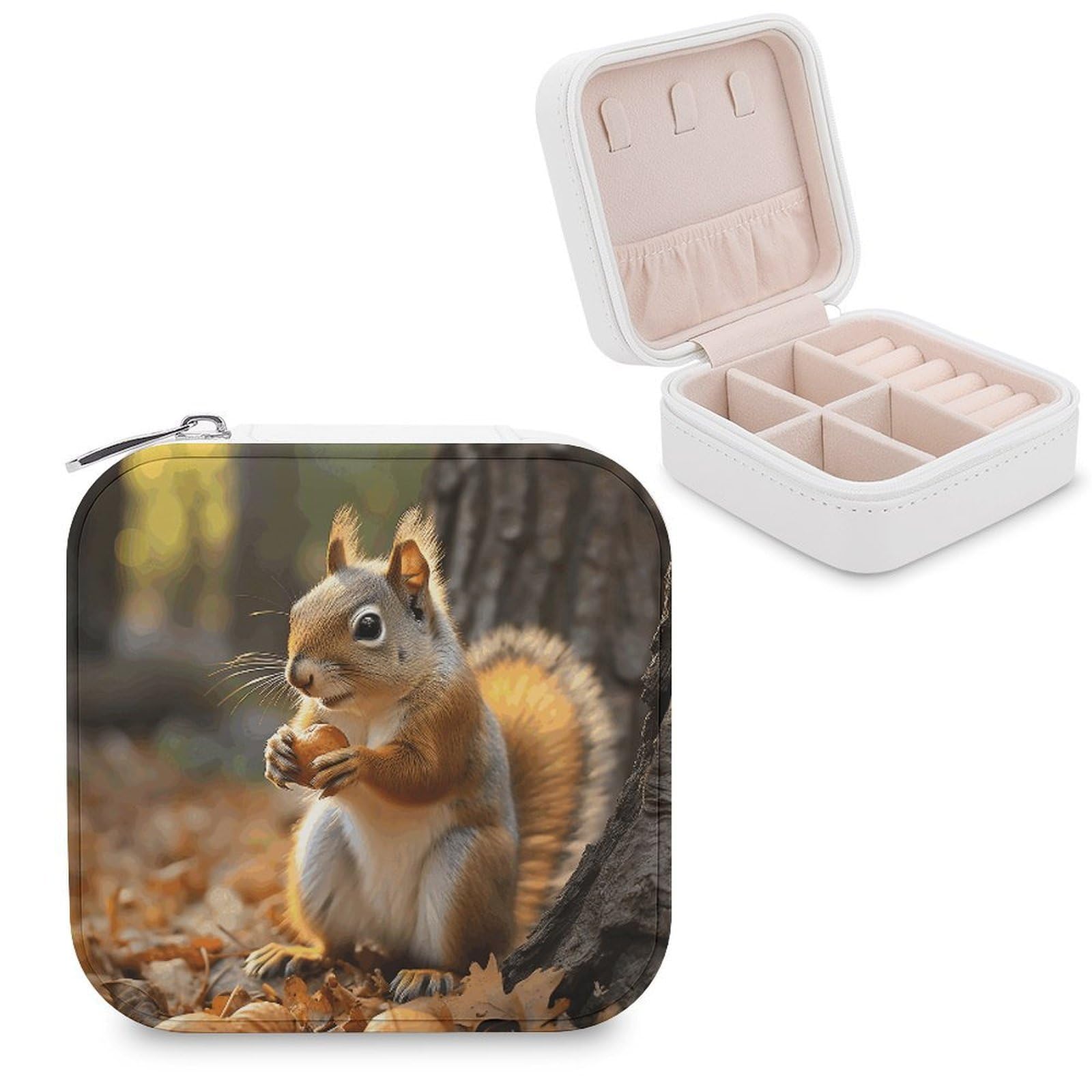 VstaDank Cute Squirrel Eating Nuts Travel Jewelry Case Zipper Portable Small Jewelry Box Custom Pu Leather Mini Traveling Jewelry Organizer for Rings Earrings Necklace Bracelet Girls Women